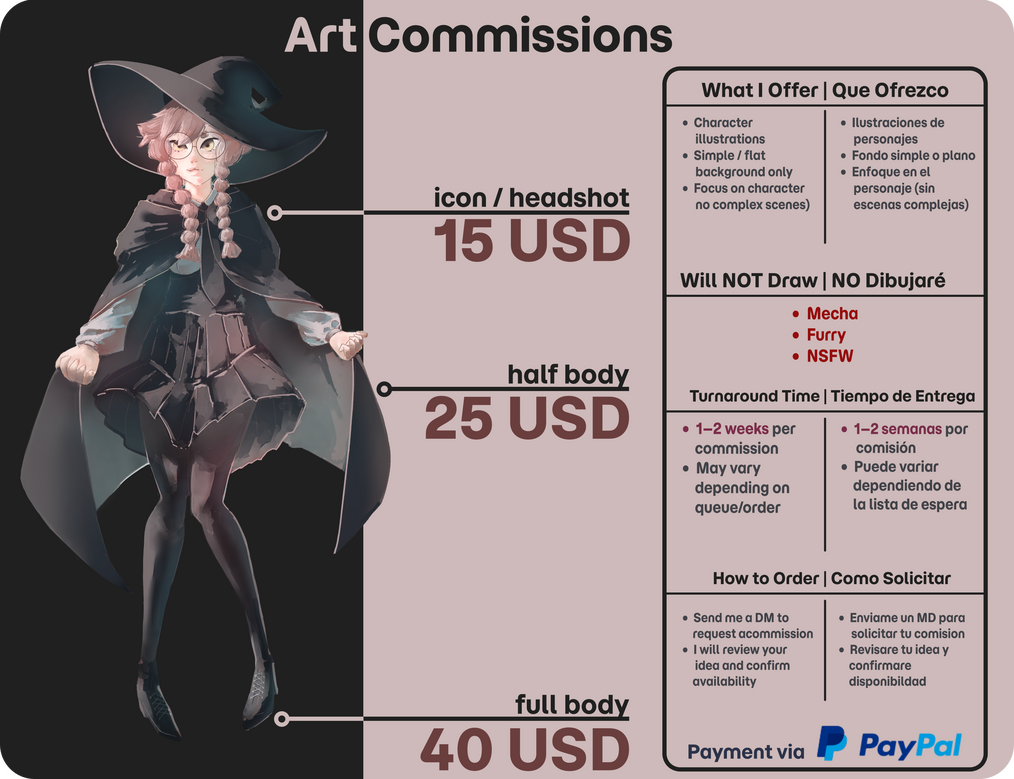 Commission information and pricing for anime-style character illustrations with simple backgrounds.