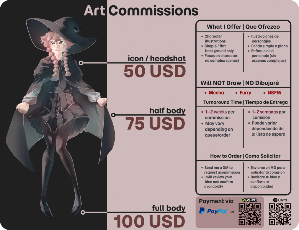 Commission information and pricing for anime-style character illustrations with simple backgrounds.